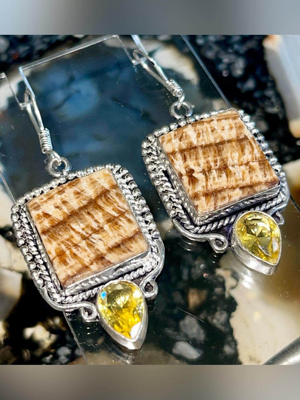 Beautiful Brown Sputnik Aragonite Earrings 2”